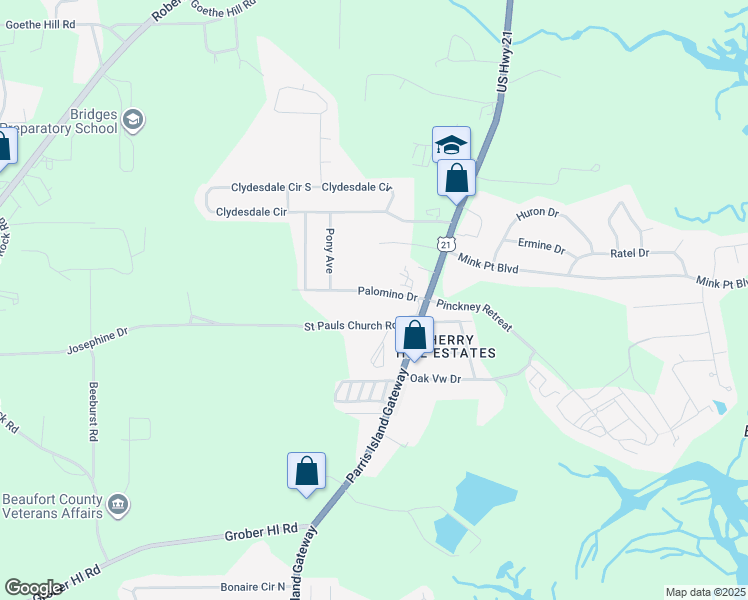 map of restaurants, bars, coffee shops, grocery stores, and more near 3113 Palomino Drive in Beaufort