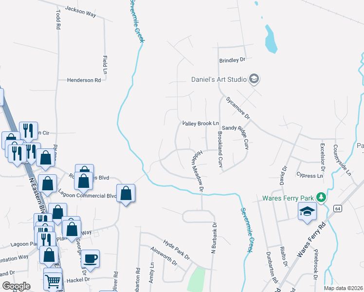 map of restaurants, bars, coffee shops, grocery stores, and more near 1227 Sweetwood Court in Montgomery