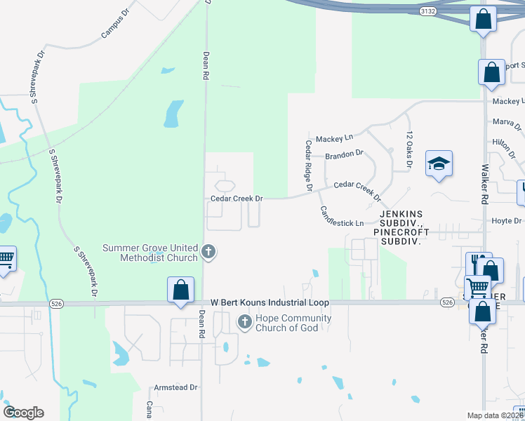 map of restaurants, bars, coffee shops, grocery stores, and more near 3459 Cedar Creek Drive in Shreveport