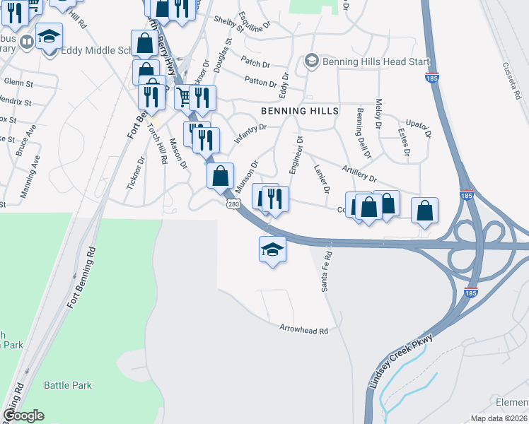 map of restaurants, bars, coffee shops, grocery stores, and more near 12 Little Drive in Columbus