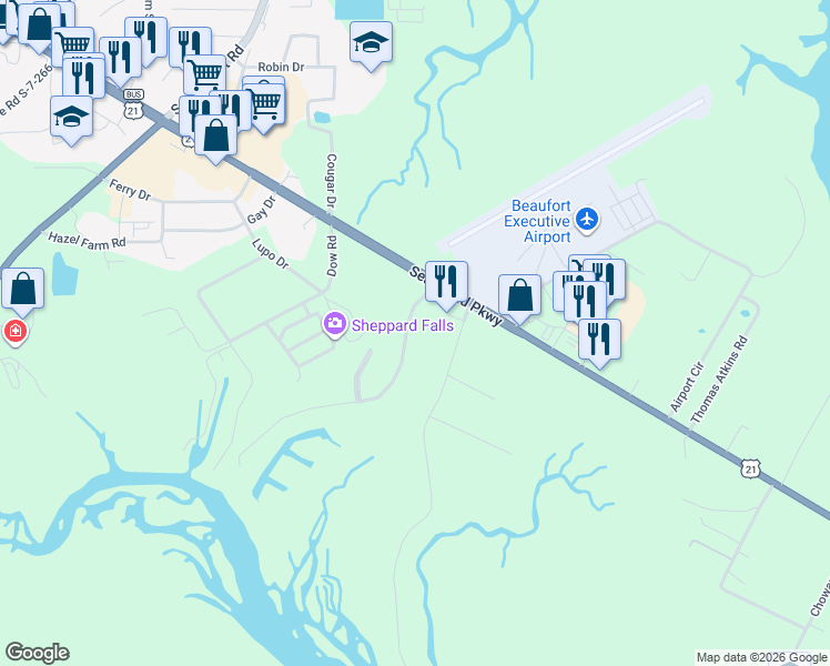 map of restaurants, bars, coffee shops, grocery stores, and more near 19 Little Creek Road in Beaufort
