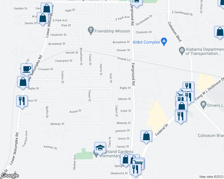 map of restaurants, bars, coffee shops, grocery stores, and more near 2004 Rigby Street in Montgomery