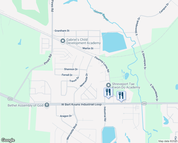 map of restaurants, bars, coffee shops, grocery stores, and more near 9025 Newcastle Drive in Shreveport