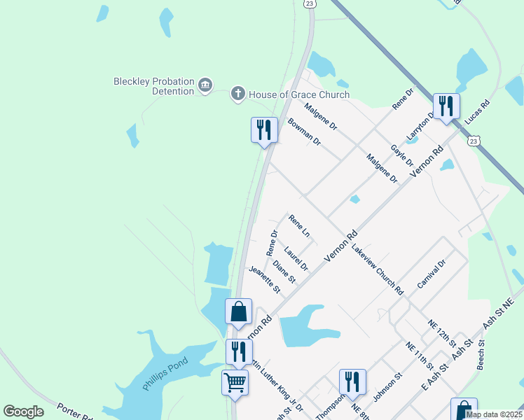 map of restaurants, bars, coffee shops, grocery stores, and more near U Southside Drive in Cochran