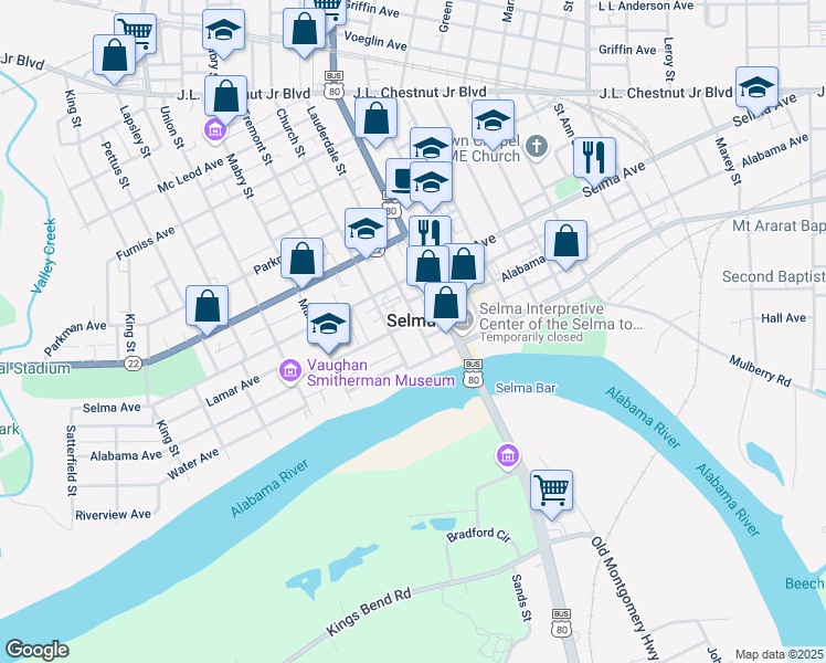 map of restaurants, bars, coffee shops, grocery stores, and more near 908 Alabama Avenue in Selma