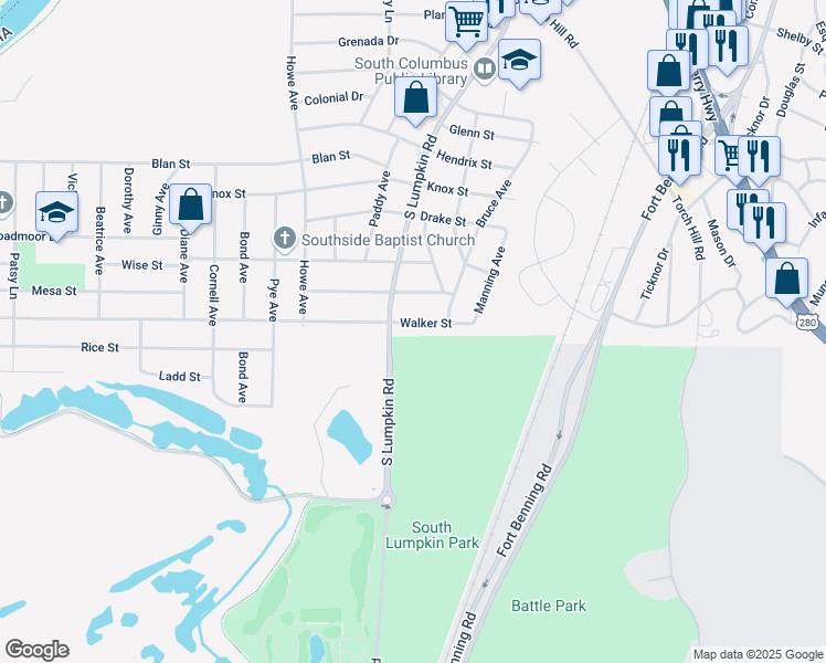 map of restaurants, bars, coffee shops, grocery stores, and more near 3201 Walker Street in Columbus