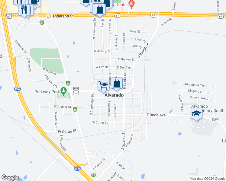 map of restaurants, bars, coffee shops, grocery stores, and more near 115 East College Street in Alvarado