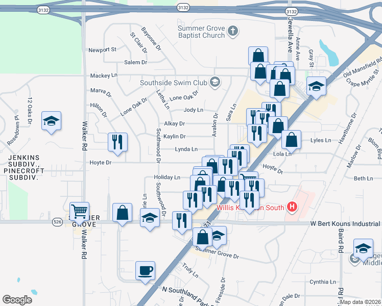 map of restaurants, bars, coffee shops, grocery stores, and more near 2824 Lynda Lane in Shreveport