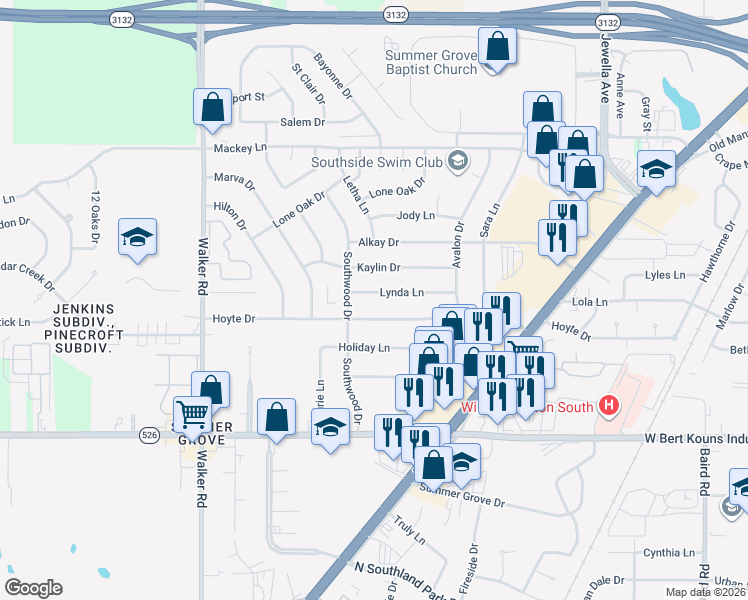 map of restaurants, bars, coffee shops, grocery stores, and more near 2852 Lynda Lane in Shreveport