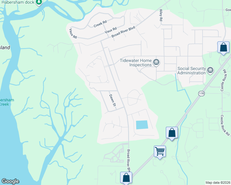 map of restaurants, bars, coffee shops, grocery stores, and more near 741 Broad River Boulevard in Beaufort