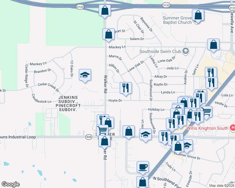 map of restaurants, bars, coffee shops, grocery stores, and more near 3023 Karla Circle in Shreveport