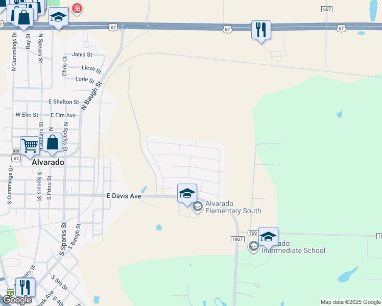 map of restaurants, bars, coffee shops, grocery stores, and more near 1069 Nighthawk Trail in Alvarado