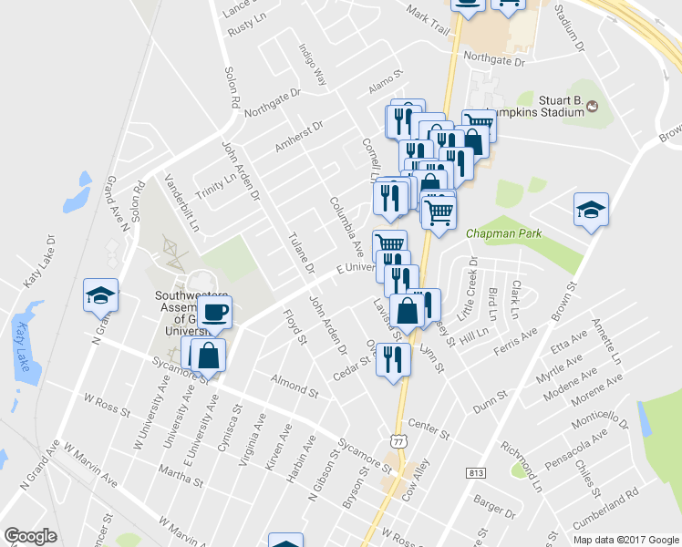 map of restaurants, bars, coffee shops, grocery stores, and more near 400 Gardenia Lane in Waxahachie
