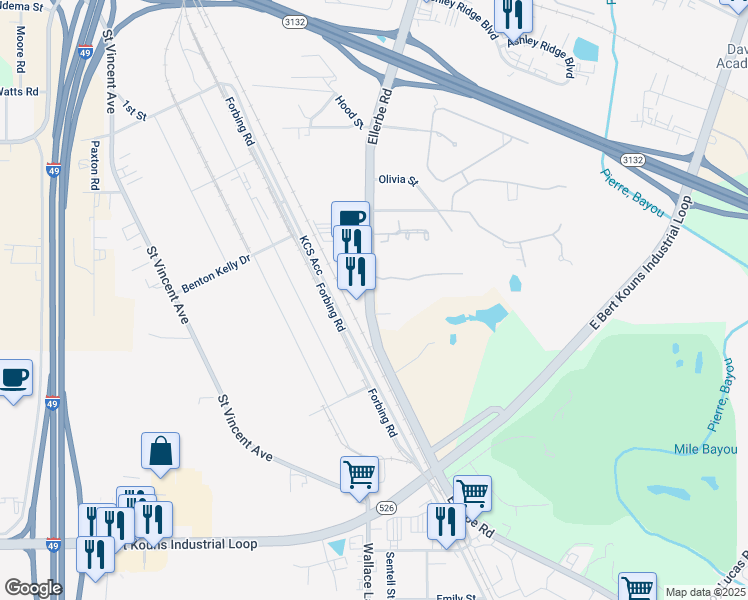 map of restaurants, bars, coffee shops, grocery stores, and more near 610 Lake Forbing Drive in Shreveport