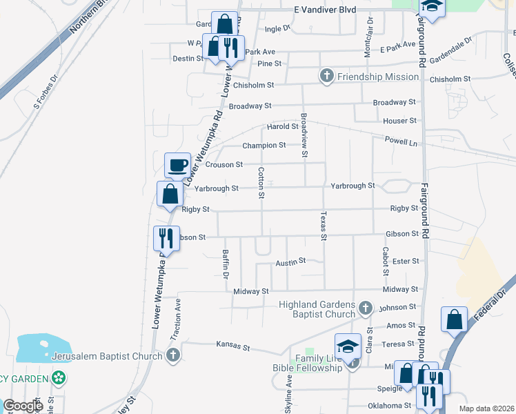 map of restaurants, bars, coffee shops, grocery stores, and more near 3203 Cotton Street in Montgomery