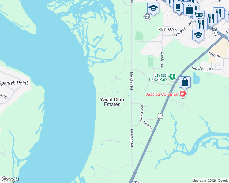 map of restaurants, bars, coffee shops, grocery stores, and more near 200 Anchorage Drive in Beaufort