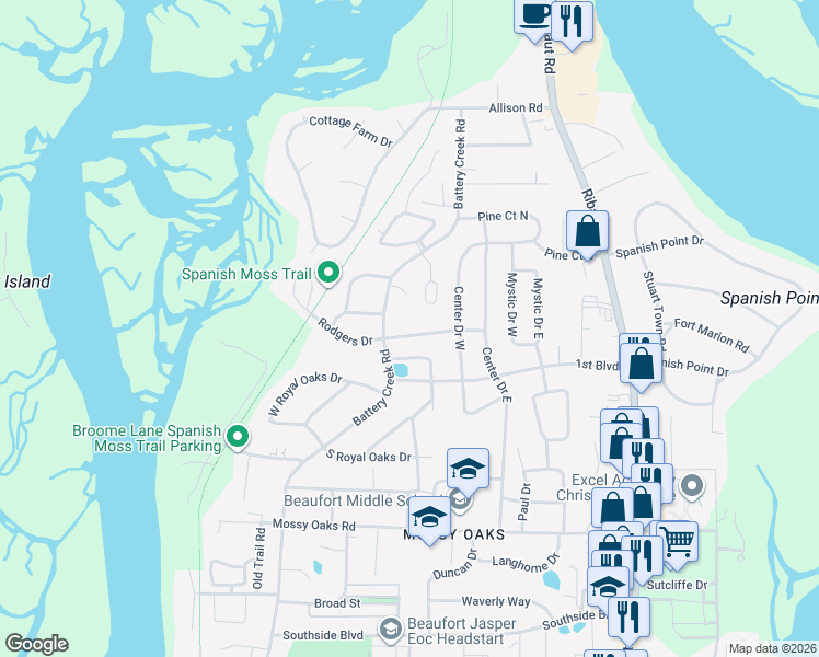 map of restaurants, bars, coffee shops, grocery stores, and more near 2515 Acorn Hill Avenue in Beaufort
