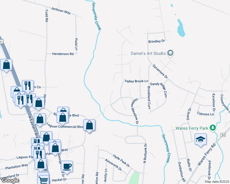map of restaurants, bars, coffee shops, grocery stores, and more near 1219 Sandlewood Drive in Montgomery