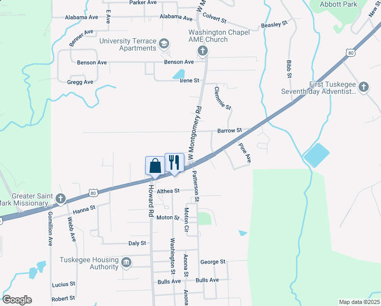 map of restaurants, bars, coffee shops, grocery stores, and more near 3005 West Montgomery Road in Tuskegee