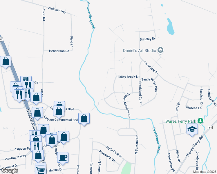 map of restaurants, bars, coffee shops, grocery stores, and more near 1219 Sandlewood Drive in Montgomery