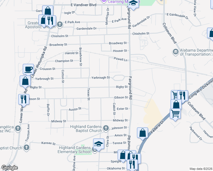 map of restaurants, bars, coffee shops, grocery stores, and more near 1991 Rigby Street in Montgomery