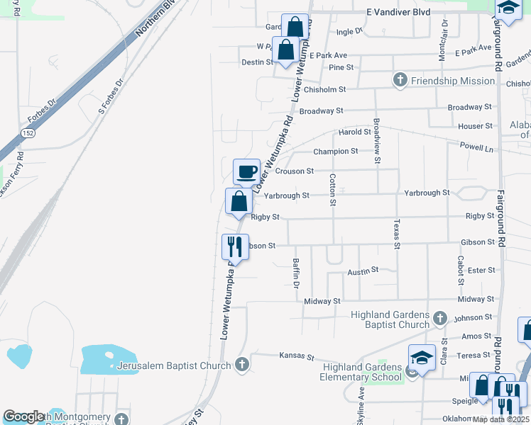 map of restaurants, bars, coffee shops, grocery stores, and more near 1635 Rigby Street in Montgomery