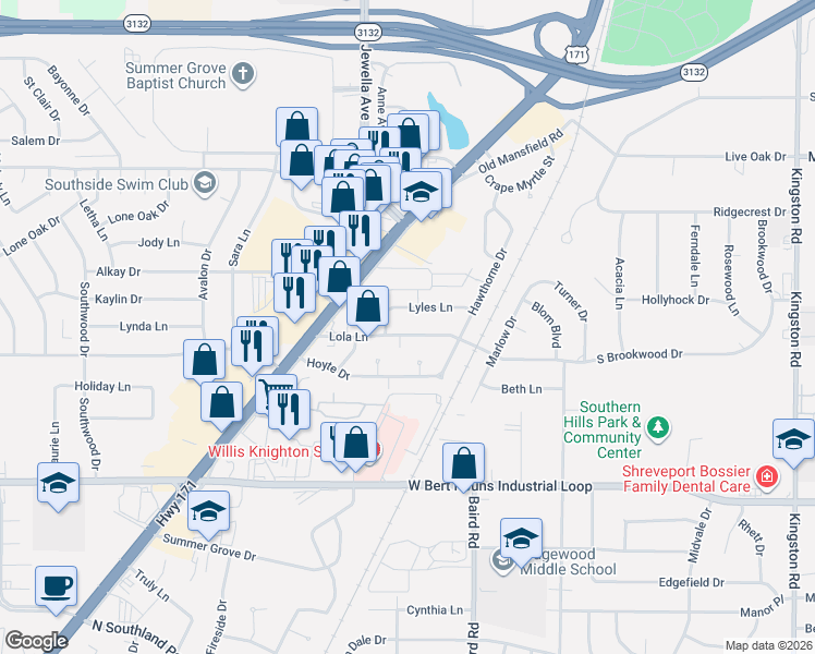 map of restaurants, bars, coffee shops, grocery stores, and more near 2629 Lyles Lane in Shreveport