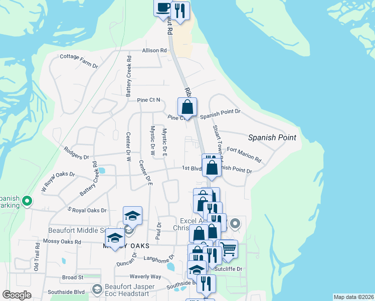 map of restaurants, bars, coffee shops, grocery stores, and more near 700 Bowling Lane in Beaufort