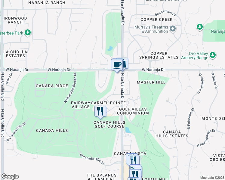 map of restaurants, bars, coffee shops, grocery stores, and more near 11081 North Lapis Court in Oro Valley