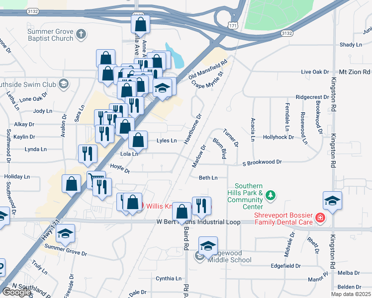 map of restaurants, bars, coffee shops, grocery stores, and more near 8987 Hawthorne Drive in Shreveport