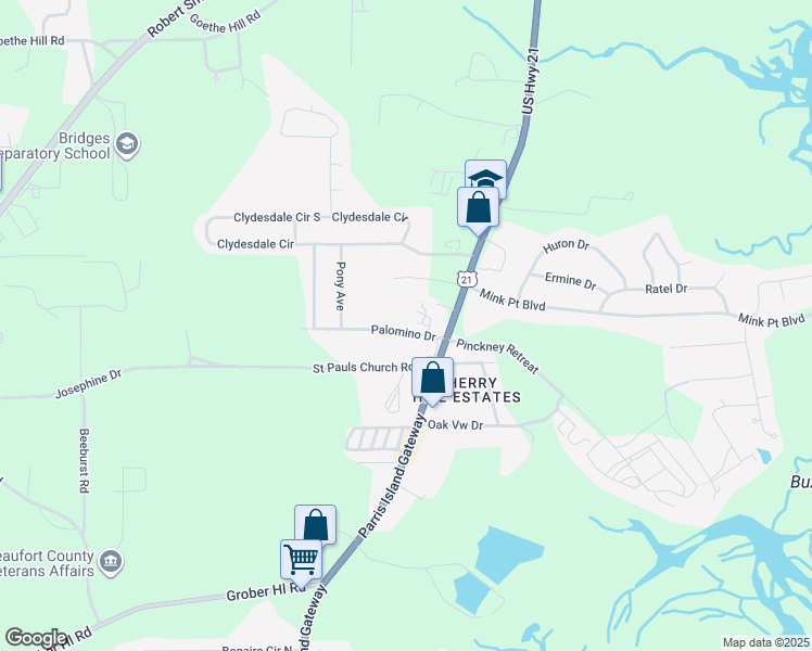 map of restaurants, bars, coffee shops, grocery stores, and more near 3113 Palomino Drive in Beaufort