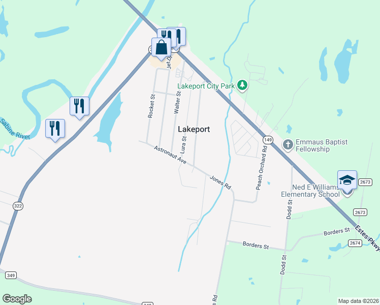 map of restaurants, bars, coffee shops, grocery stores, and more near 210 Jones Road in Longview