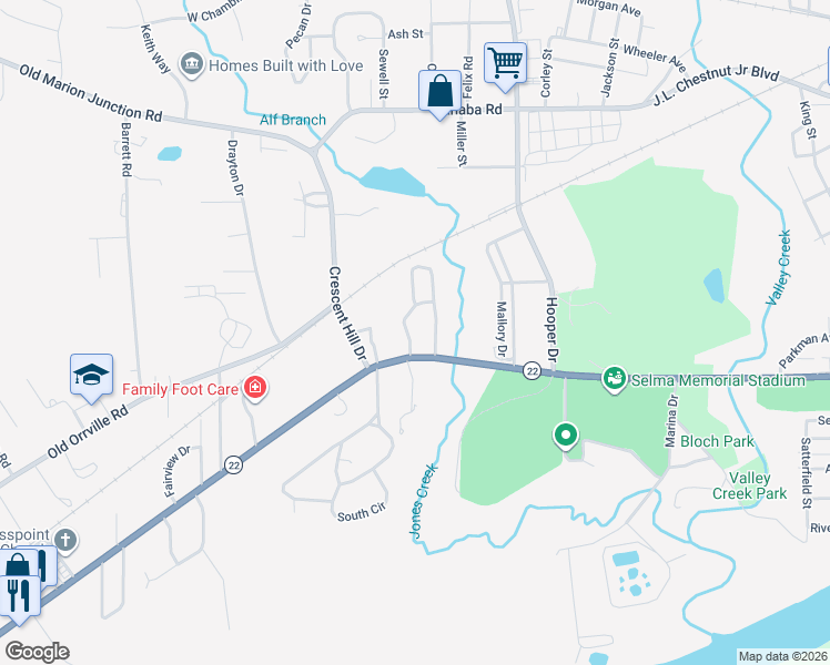 map of restaurants, bars, coffee shops, grocery stores, and more near 110 Al Jo Curve in Selma