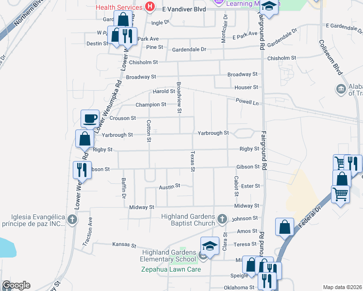 map of restaurants, bars, coffee shops, grocery stores, and more near 1851 Rigby Street in Montgomery
