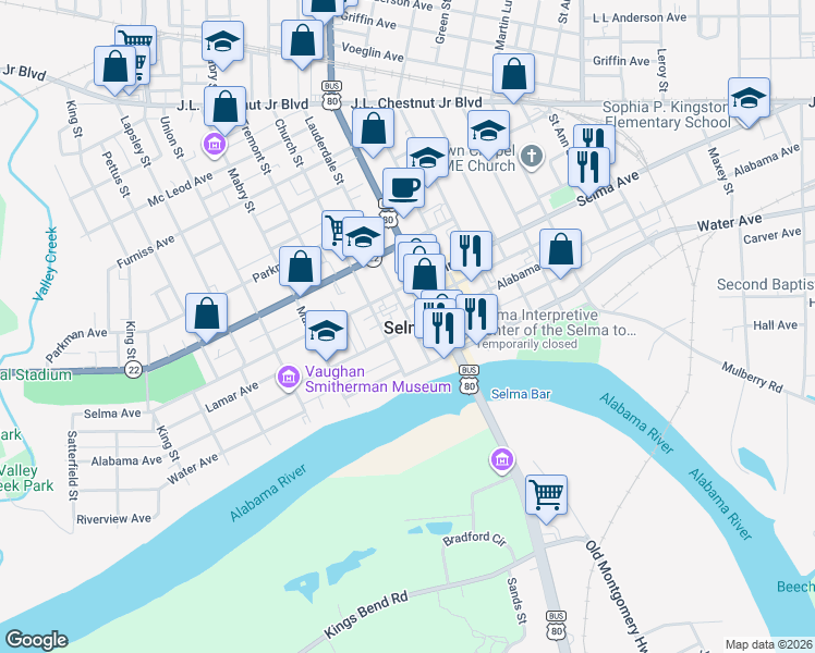 map of restaurants, bars, coffee shops, grocery stores, and more near in Selma
