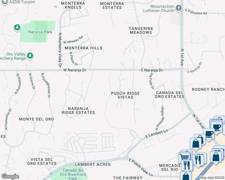 map of restaurants, bars, coffee shops, grocery stores, and more near 12082 North Shore Cliff Drive in Oro Valley