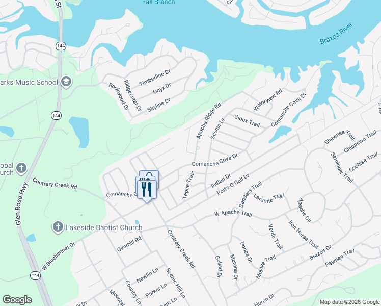 map of restaurants, bars, coffee shops, grocery stores, and more near 912 Indian Creek Drive in Granbury