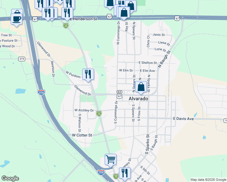 map of restaurants, bars, coffee shops, grocery stores, and more near 300 West College Street in Alvarado