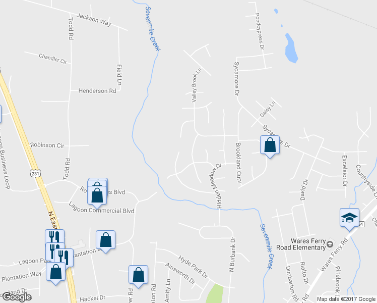 map of restaurants, bars, coffee shops, grocery stores, and more near 1219 Sandlewood Drive in Montgomery