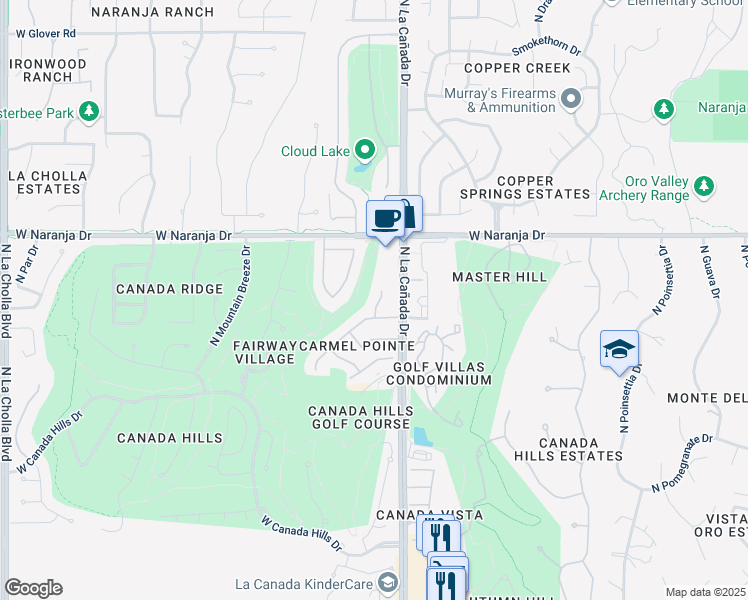 map of restaurants, bars, coffee shops, grocery stores, and more near 11073 North Lapis Court in Tucson