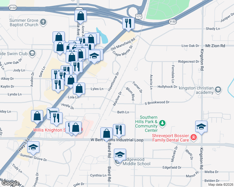map of restaurants, bars, coffee shops, grocery stores, and more near 8978 Marlow Dr in Shreveport