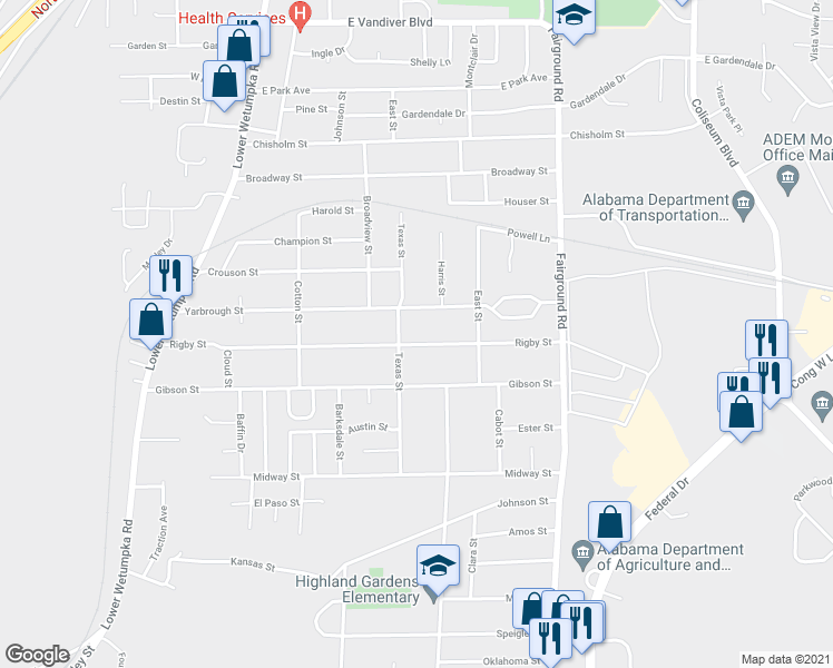 map of restaurants, bars, coffee shops, grocery stores, and more near 1919 Rigby Street in Montgomery