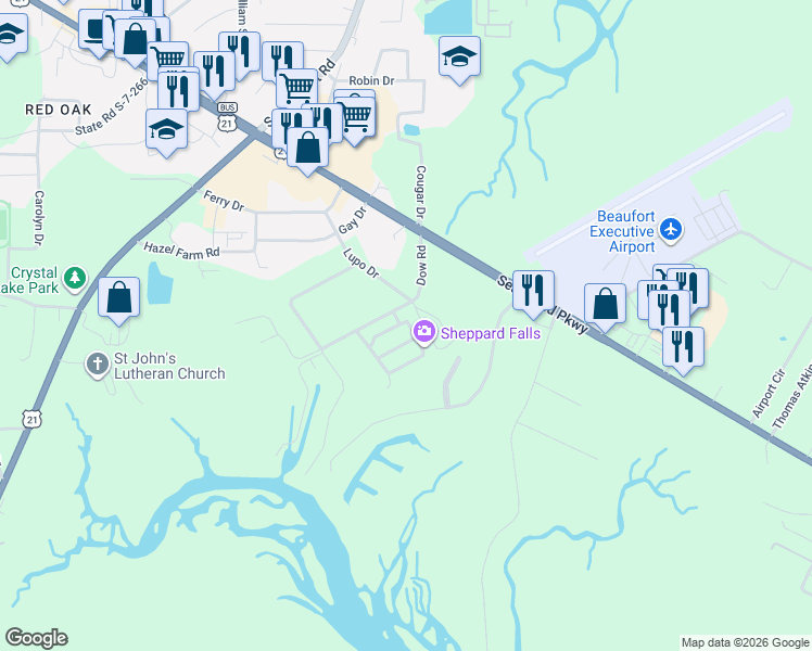 map of restaurants, bars, coffee shops, grocery stores, and more near 1 Bay Breeze Lane in Beaufort
