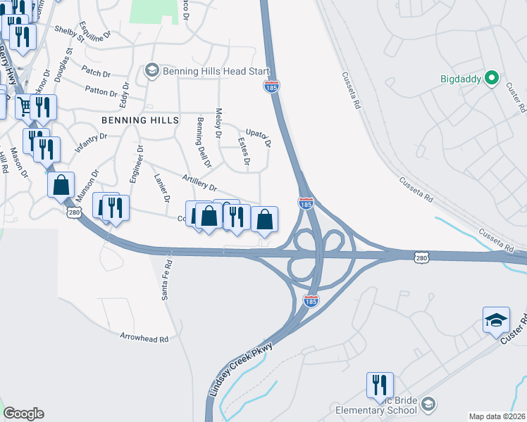 map of restaurants, bars, coffee shops, grocery stores, and more near 246 Robert E Lee Drive in Columbus