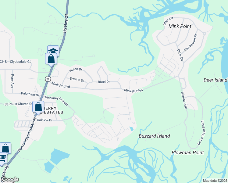 map of restaurants, bars, coffee shops, grocery stores, and more near 3010 Mink Point Boulevard in Beaufort