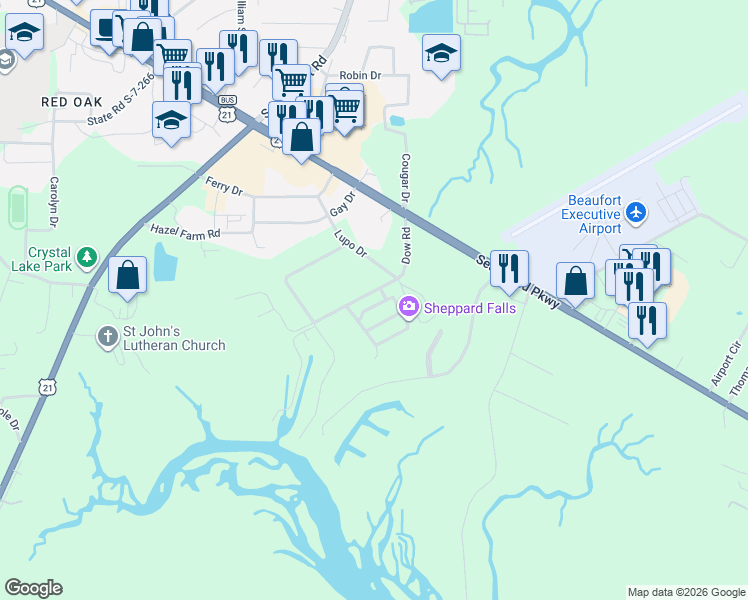 map of restaurants, bars, coffee shops, grocery stores, and more near 1-3 Bay Breeze Lane in Beaufort