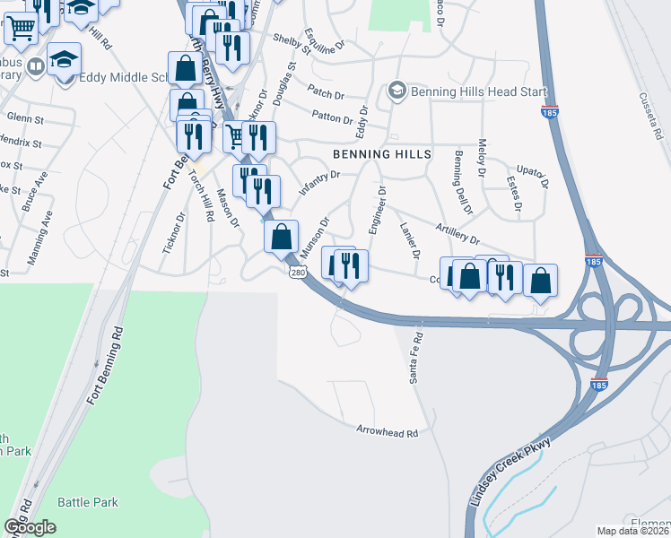 map of restaurants, bars, coffee shops, grocery stores, and more near 12 Little Drive in Columbus