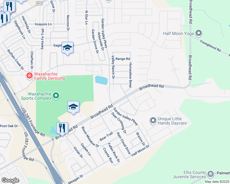 map of restaurants, bars, coffee shops, grocery stores, and more near 108 Valley Ranch Drive in Waxahachie