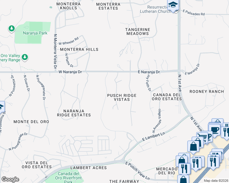 map of restaurants, bars, coffee shops, grocery stores, and more near 11061 North Pusch Ridge Vistas Drive in Oro Valley