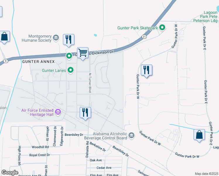 map of restaurants, bars, coffee shops, grocery stores, and more near 63 Fisher Drive in Montgomery